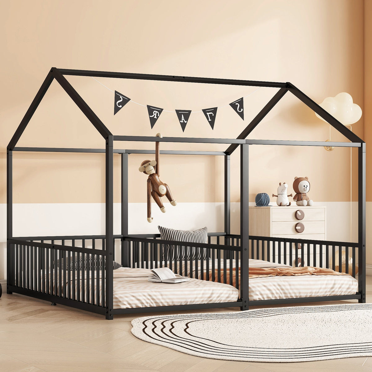 Metal Bed 90x200cm House Design Ladder - Black Iron Frame