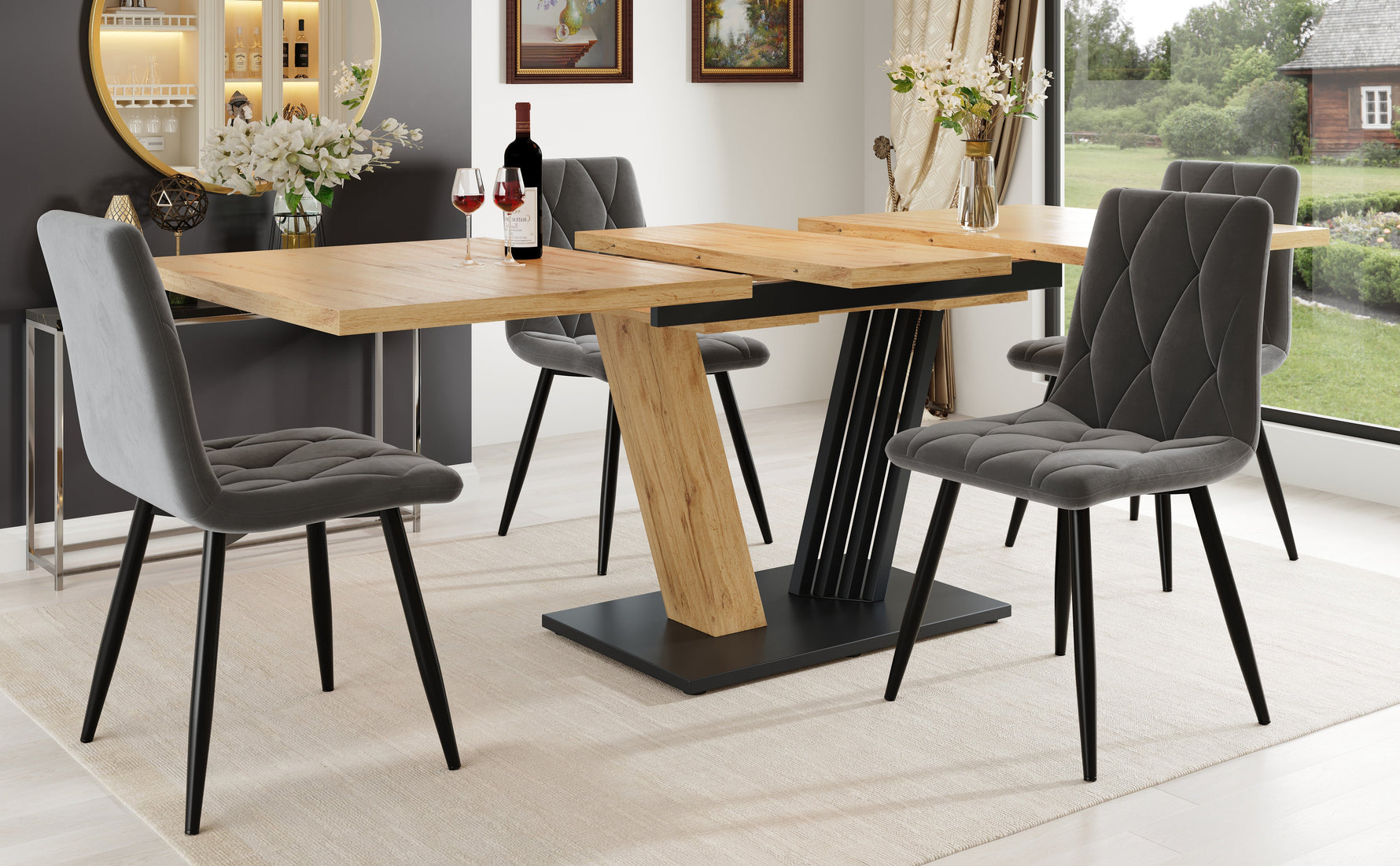 5-Piece Dining Set with Extendable Table and 4 Chairs, Grey Velvet