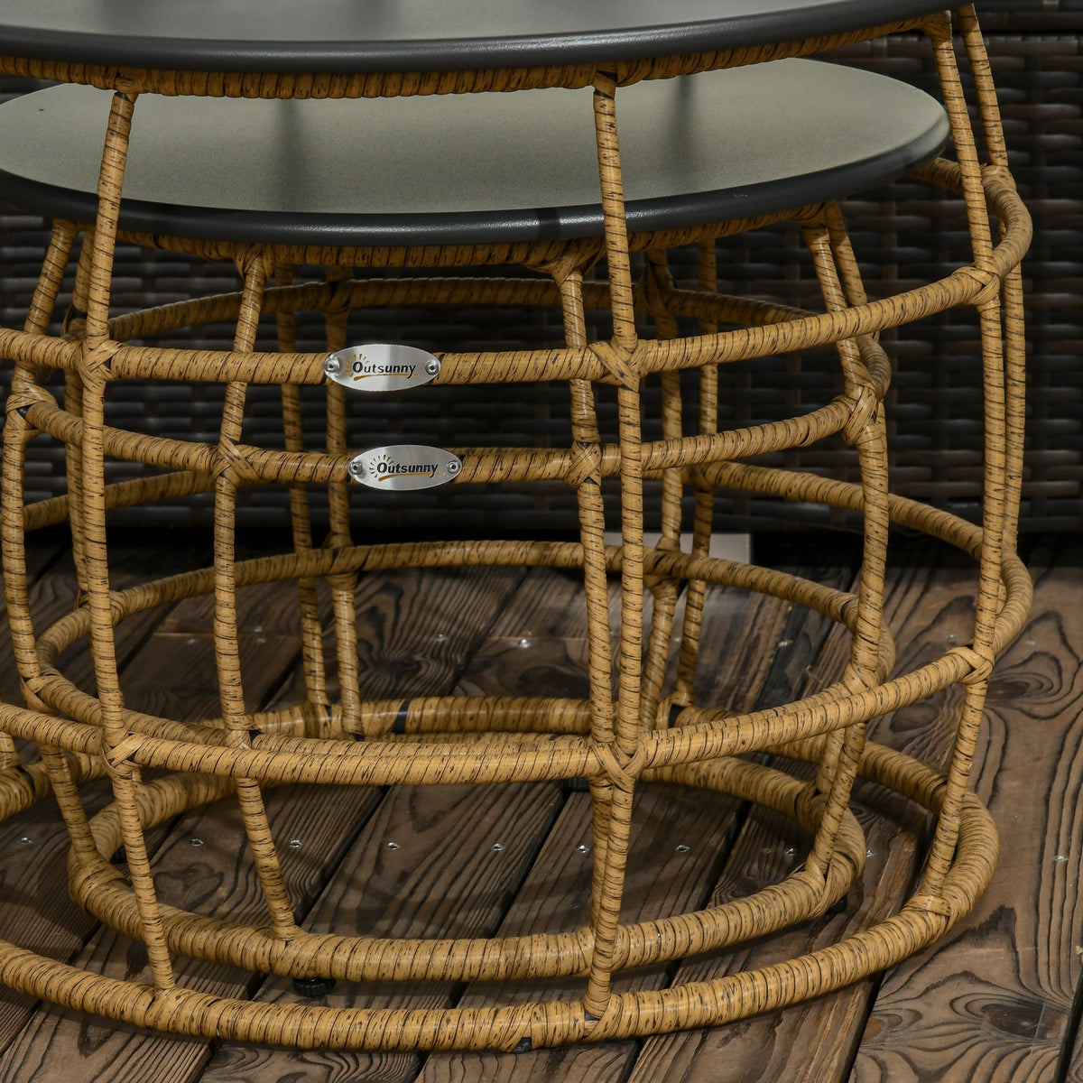 Side Table Set, 2 Coffee Tables with Hand-Woven Table Top, Sand