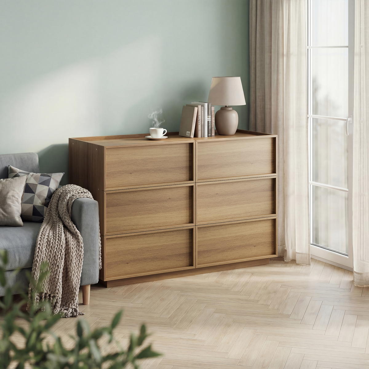 Chest of Drawers with Six Drawers and Modern Storage, 127 x 48 x 80 cm, Oak Color