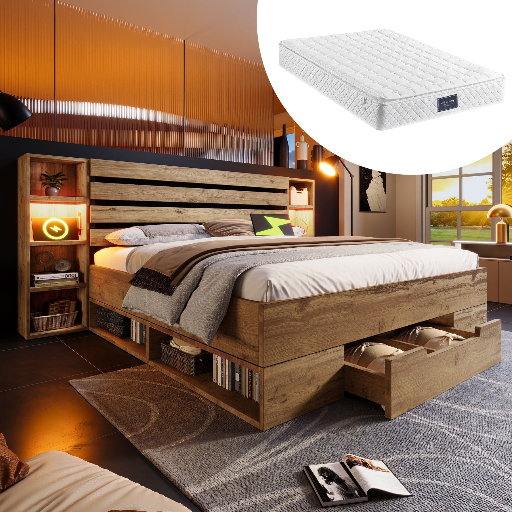 Double Bed 160x200 Storage LED USB-C Headboard Drawers Solid Wood Oak
