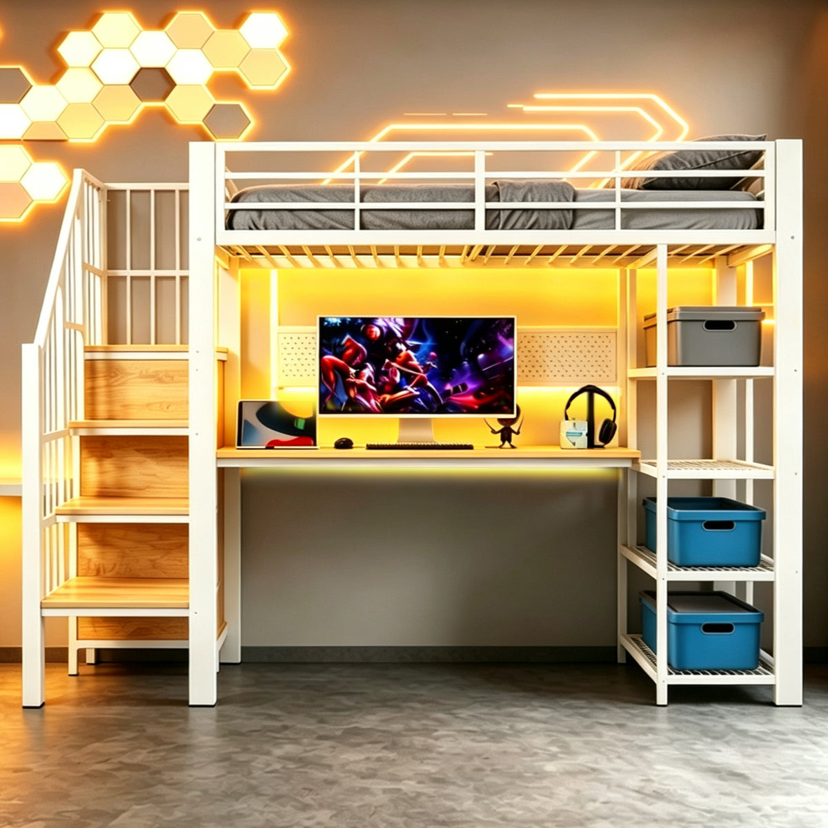 Iron Loft Bed 90x200cm with Desk, Pegboard & Storage - White