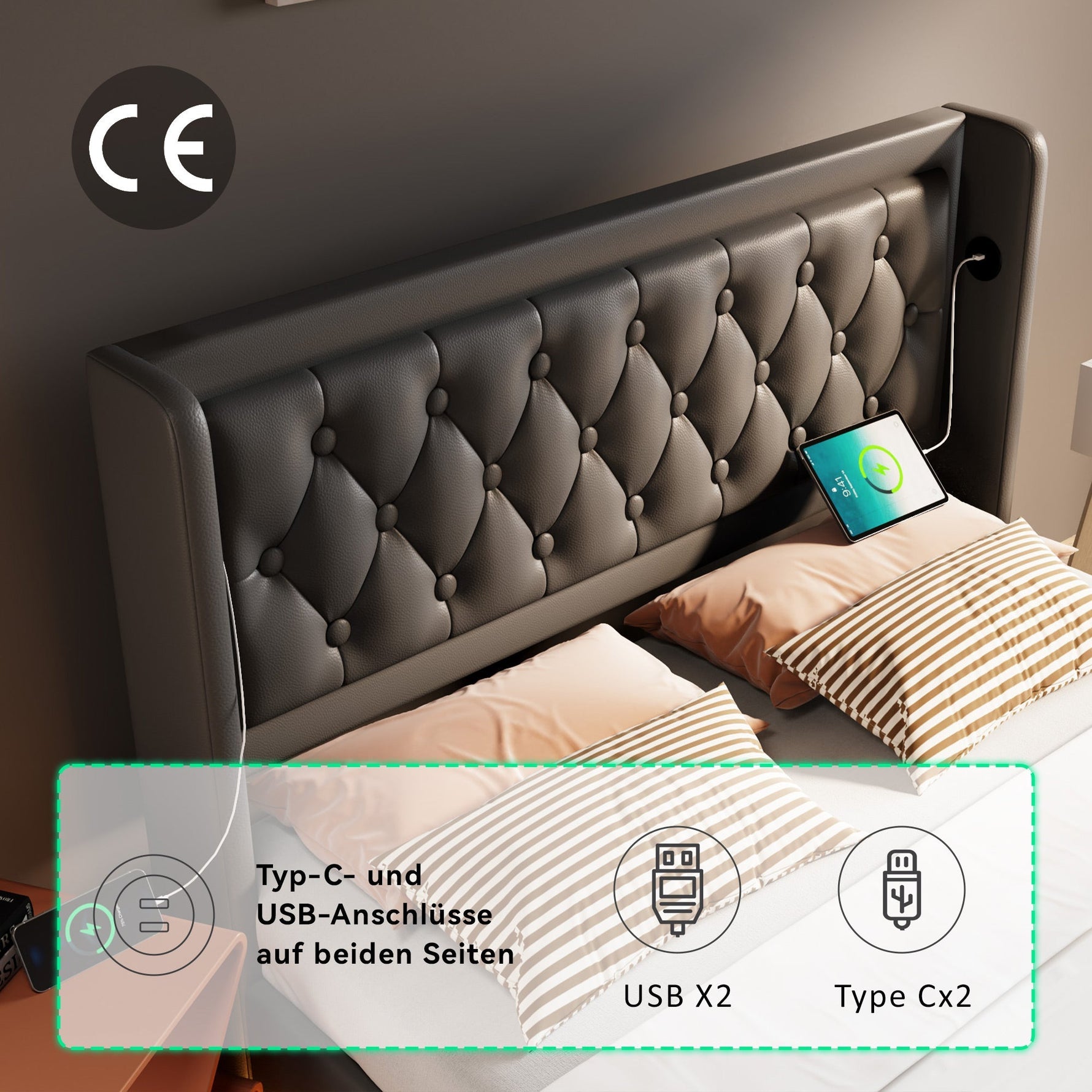 Upholstered Double Bed, 140x200 cm Hydraulic Storage with USB-C Charging & LED, Black PU