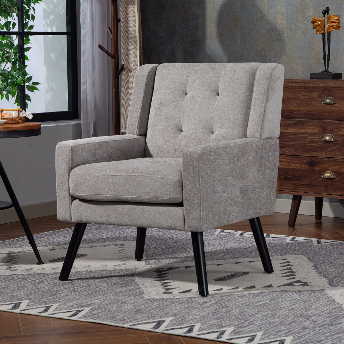 Mid-Century Modern Armchair with Buttoned Padding and Solid Wood Legs, Black Suede