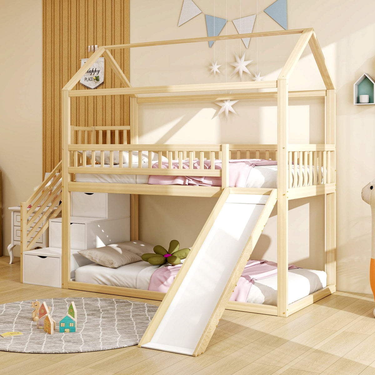 Children's Bunk Bed 90x200cm with Slide & Storage Ladder, Wood