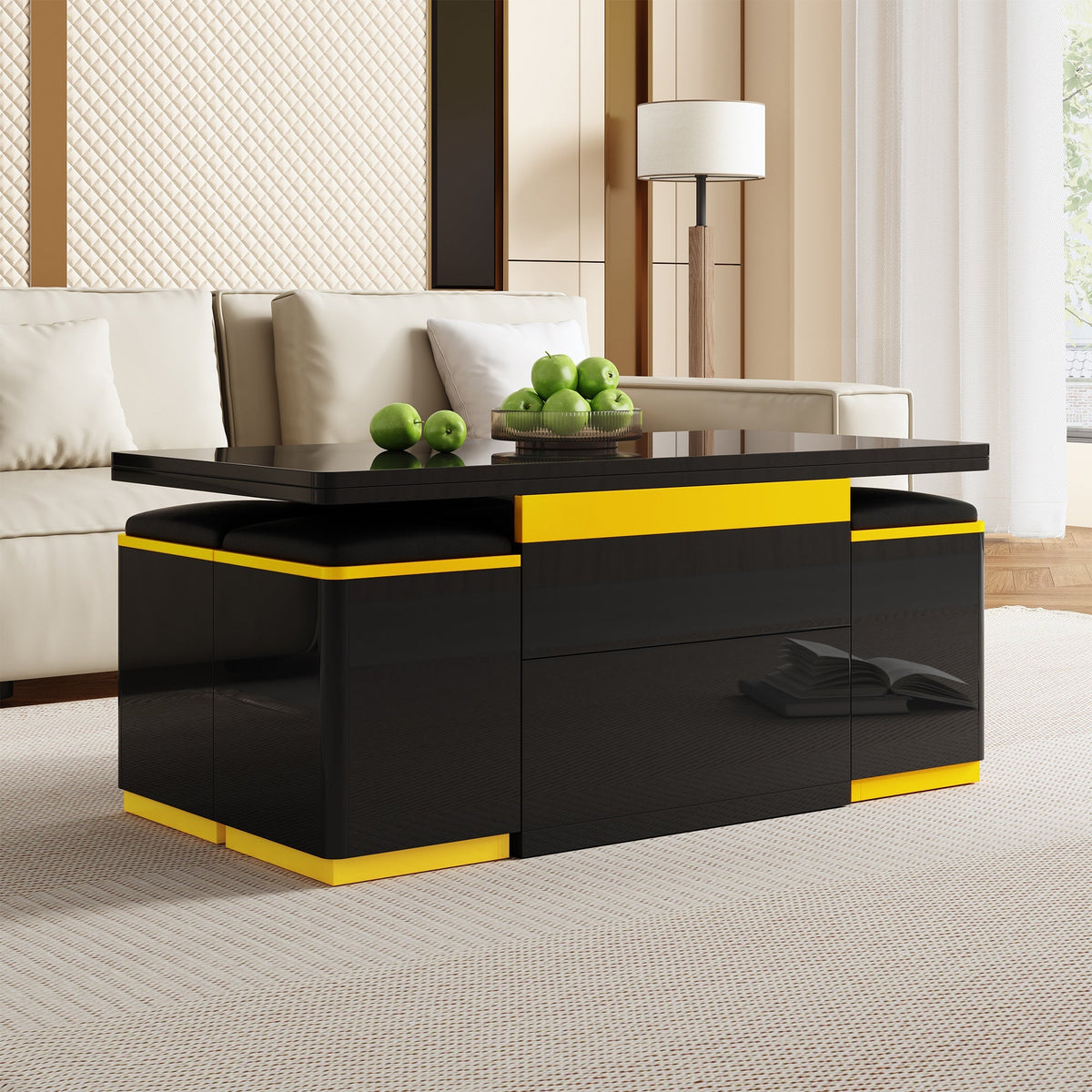 Coffee Table Multifunctional High-Gloss Height-Adjustable Foldable Dining 100x50x43cm - Black