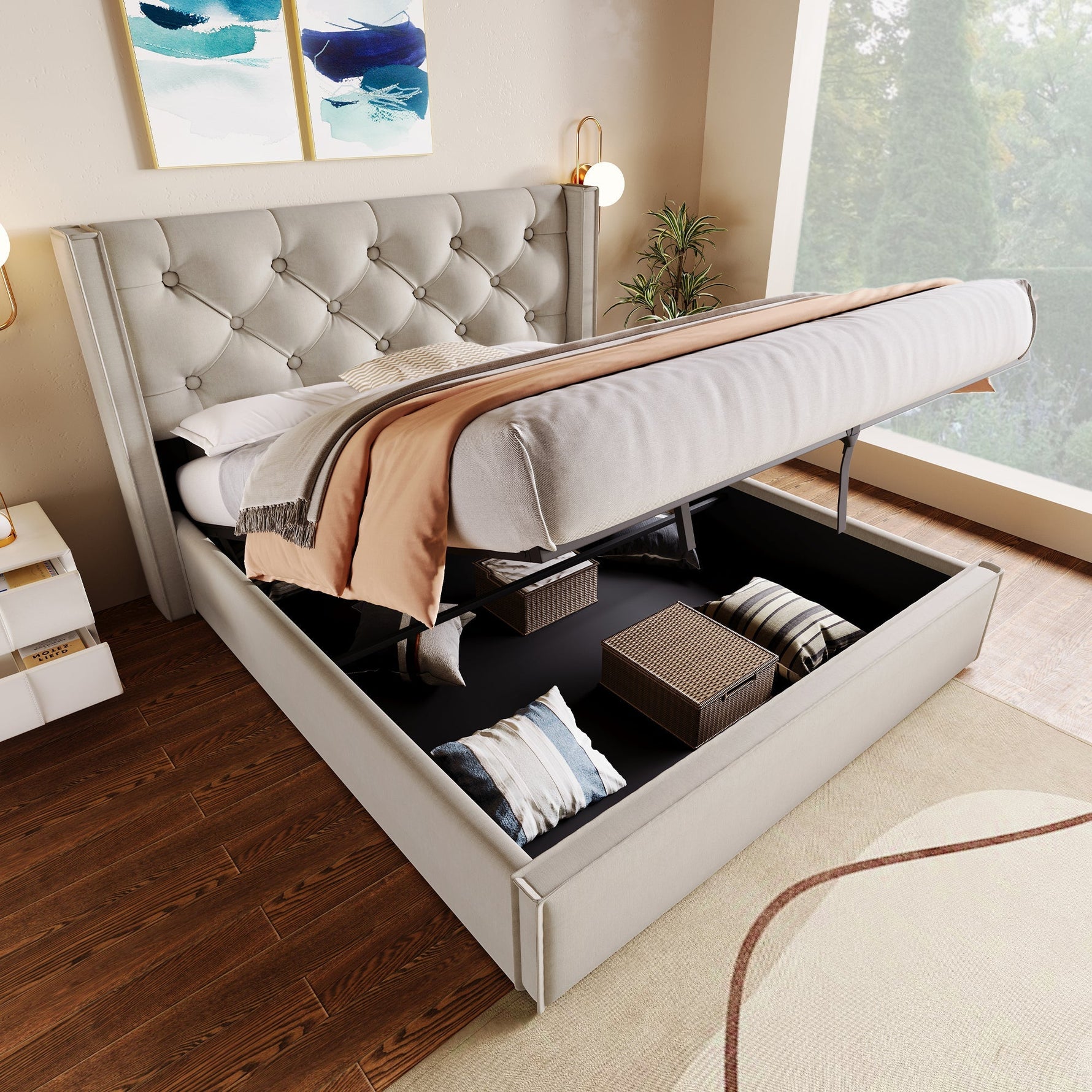 Hydraulic Upholstered Double Bed with Storage and Metal Slatted Base, 160x200cm, Light Grey Cotton