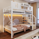 Metal Loft Bed 90x200cm with Storage Ladder & Light Strip, White