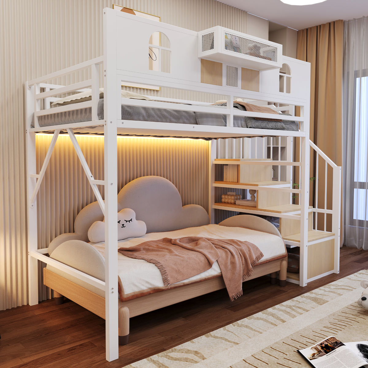 Metal Loft Bed 90x200cm with Storage Ladder & Light Strip, White