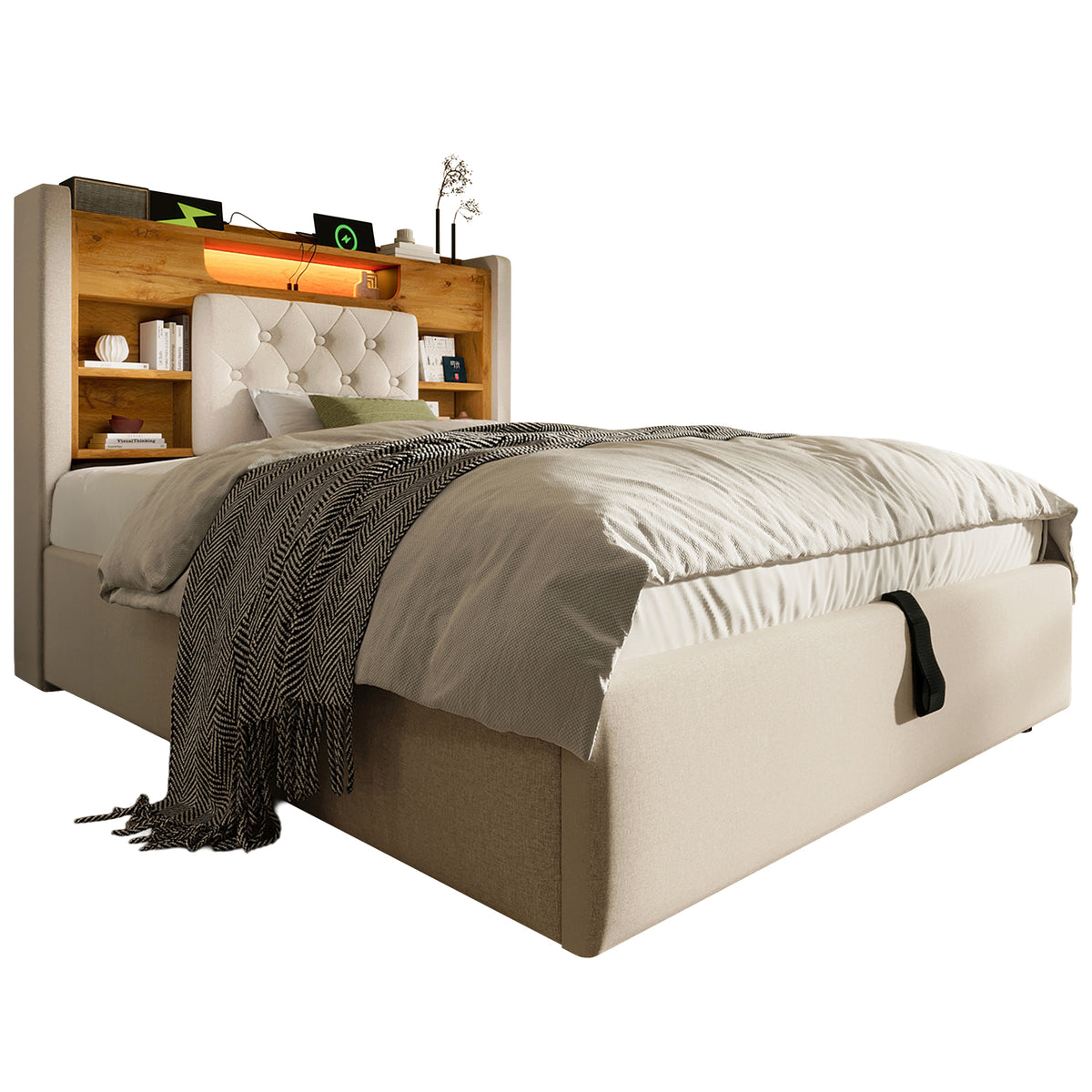 Upholstered Bed 90x200cm with Hydraulic Storage & LED, Beige Linen