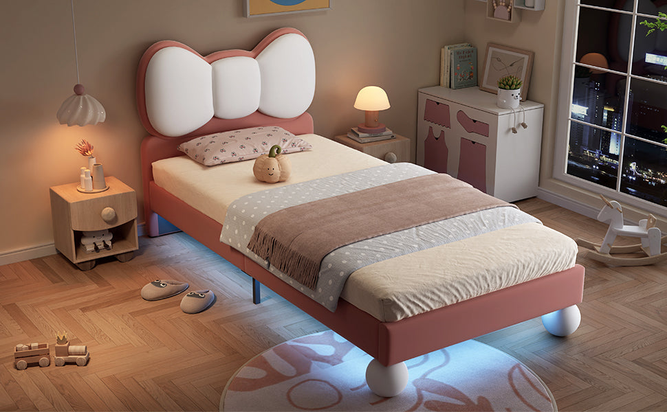 Upholstered Bed, Single Children's with Bow-Tie Headboard & LED Light, Velvet Beige + Pink