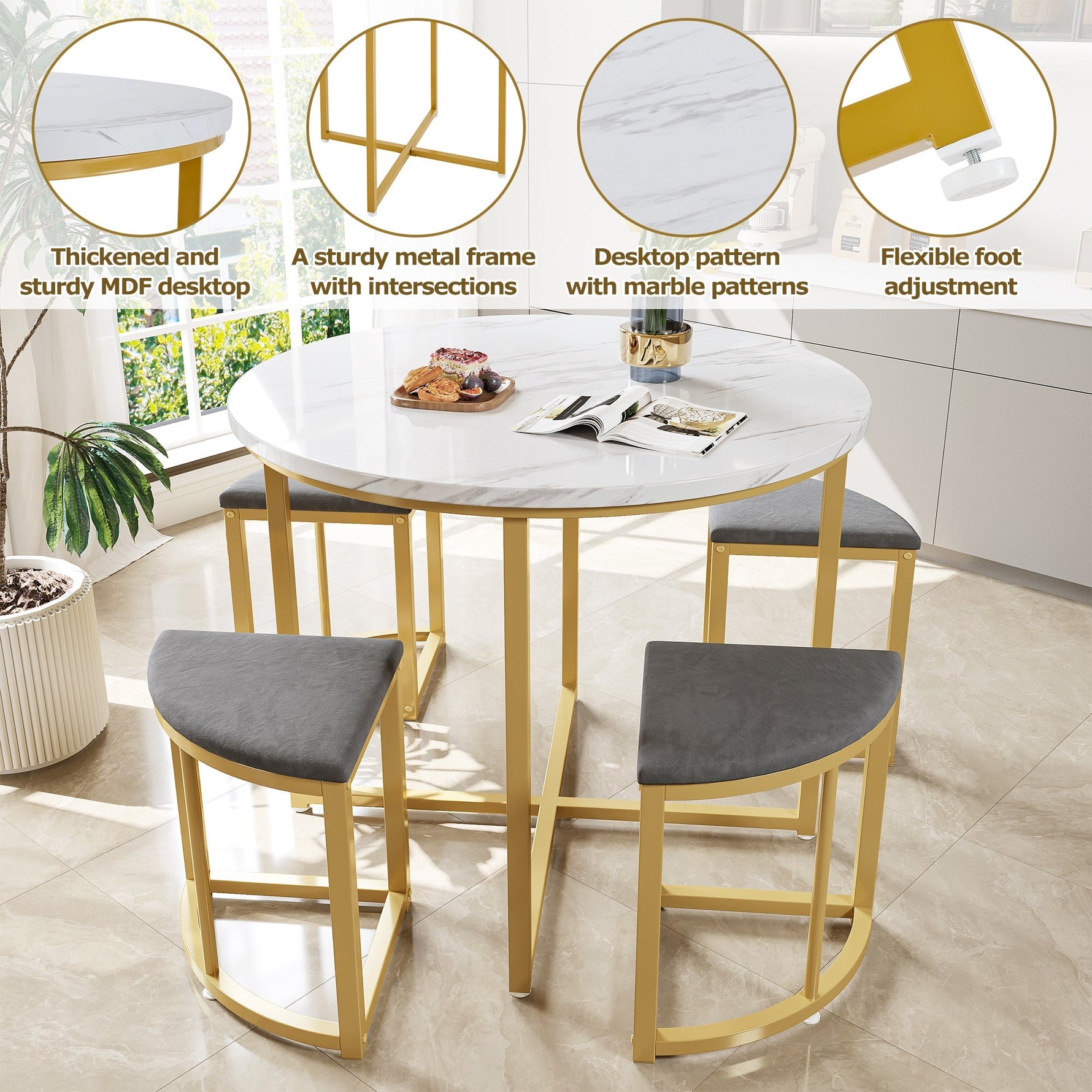 Dining Table Set 5-Piece Modern Luxury Gilded Iron Frame Grey Velvet