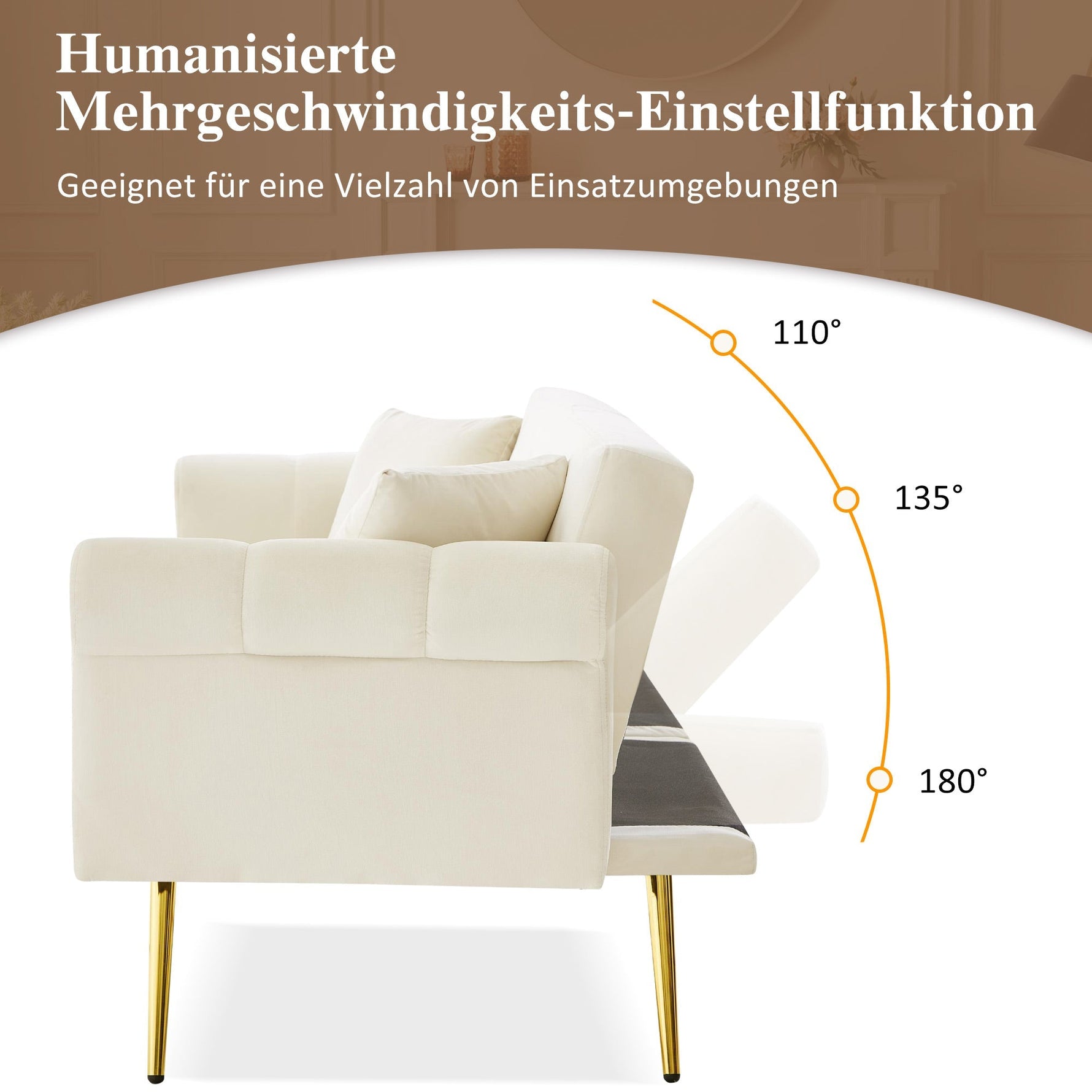 2-Seater Sofa Bed 3-Position Adjustable Back Gold Legs - Velvet