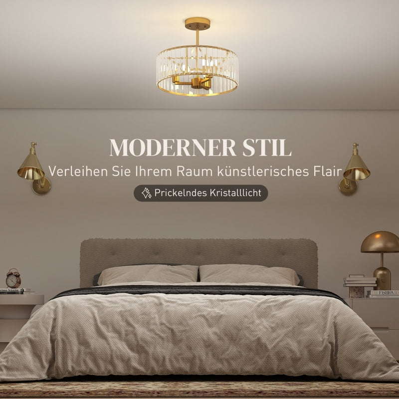 Ceiling Lamp, Chandelier Design, Crystal Shade, 3 Bulbs, Gold Metal