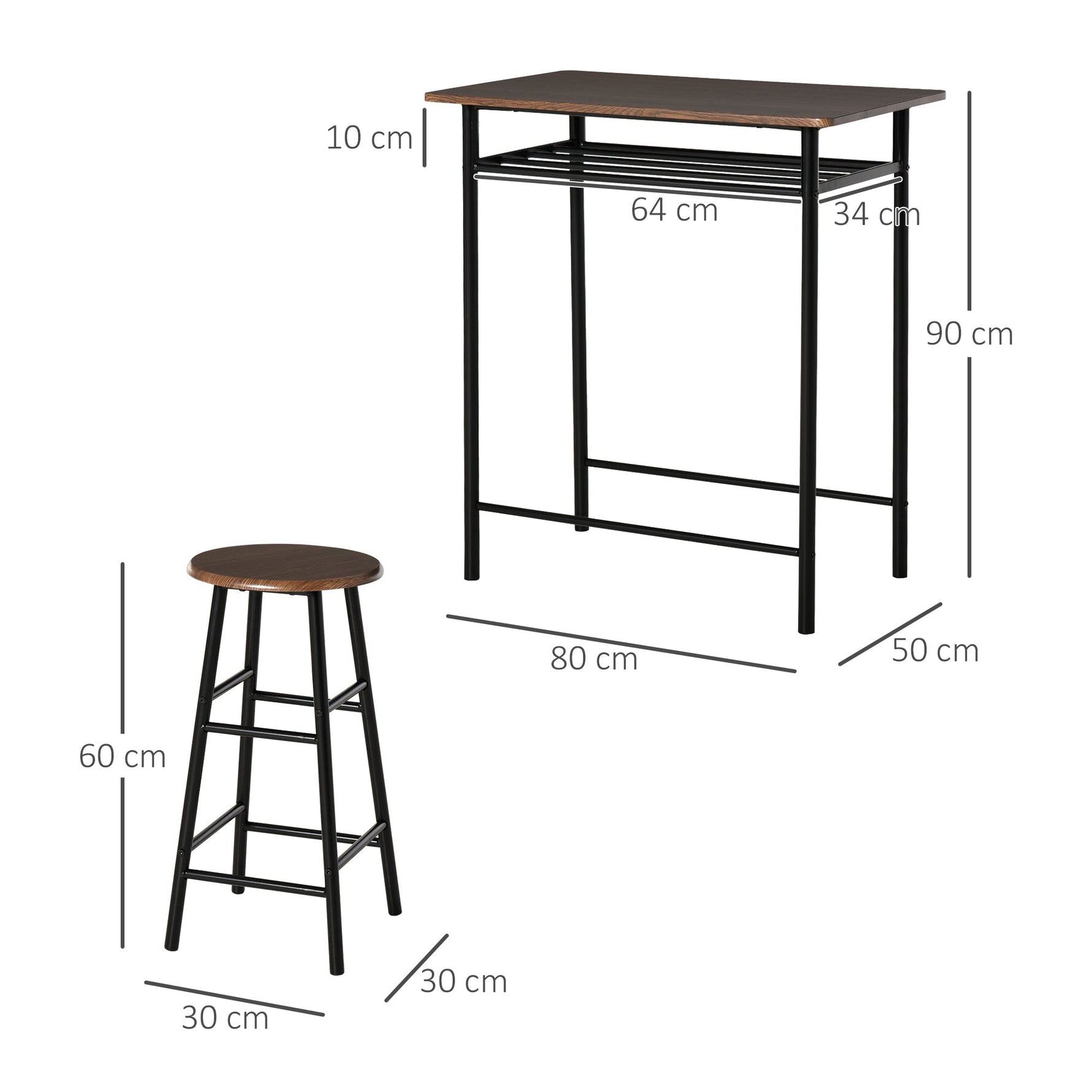 Bar Table Set, 3-Piece Dining Table with 2 Bar Stools, Storage Shelf, Metal Black