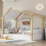 Wooden Bed, House Design Single, Pine + Chipboard + MDF, White + Natural