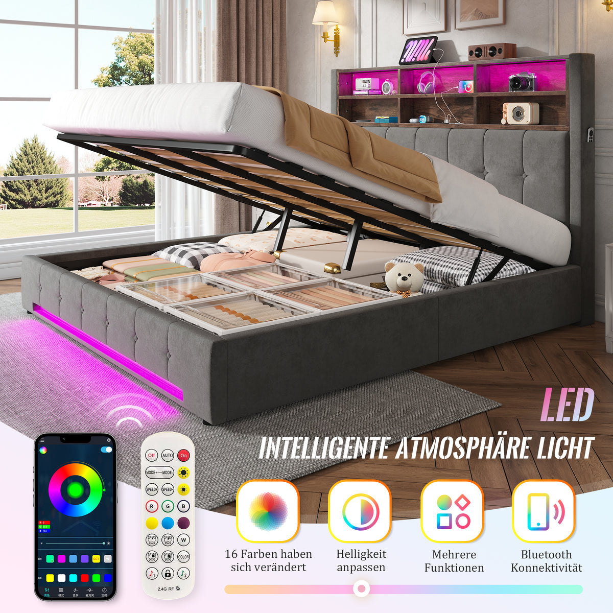 Storage Bed 180x200 cm with LED & Headboard in Velvet