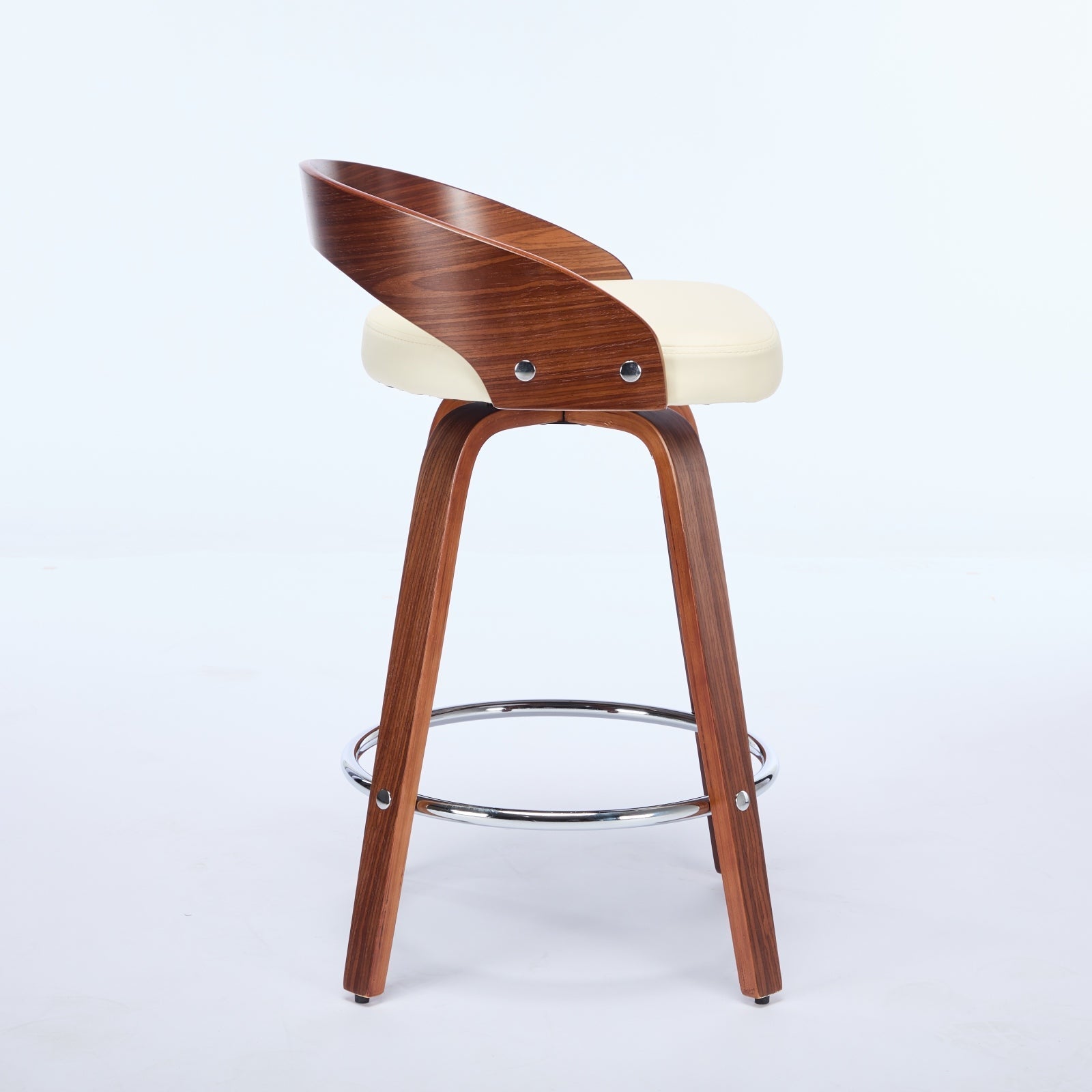 Bar Stools Set of 2, Swivel 63CM Counter Height Chairs with Low Back and Wood Legs, Beige Wood and Faux Leather