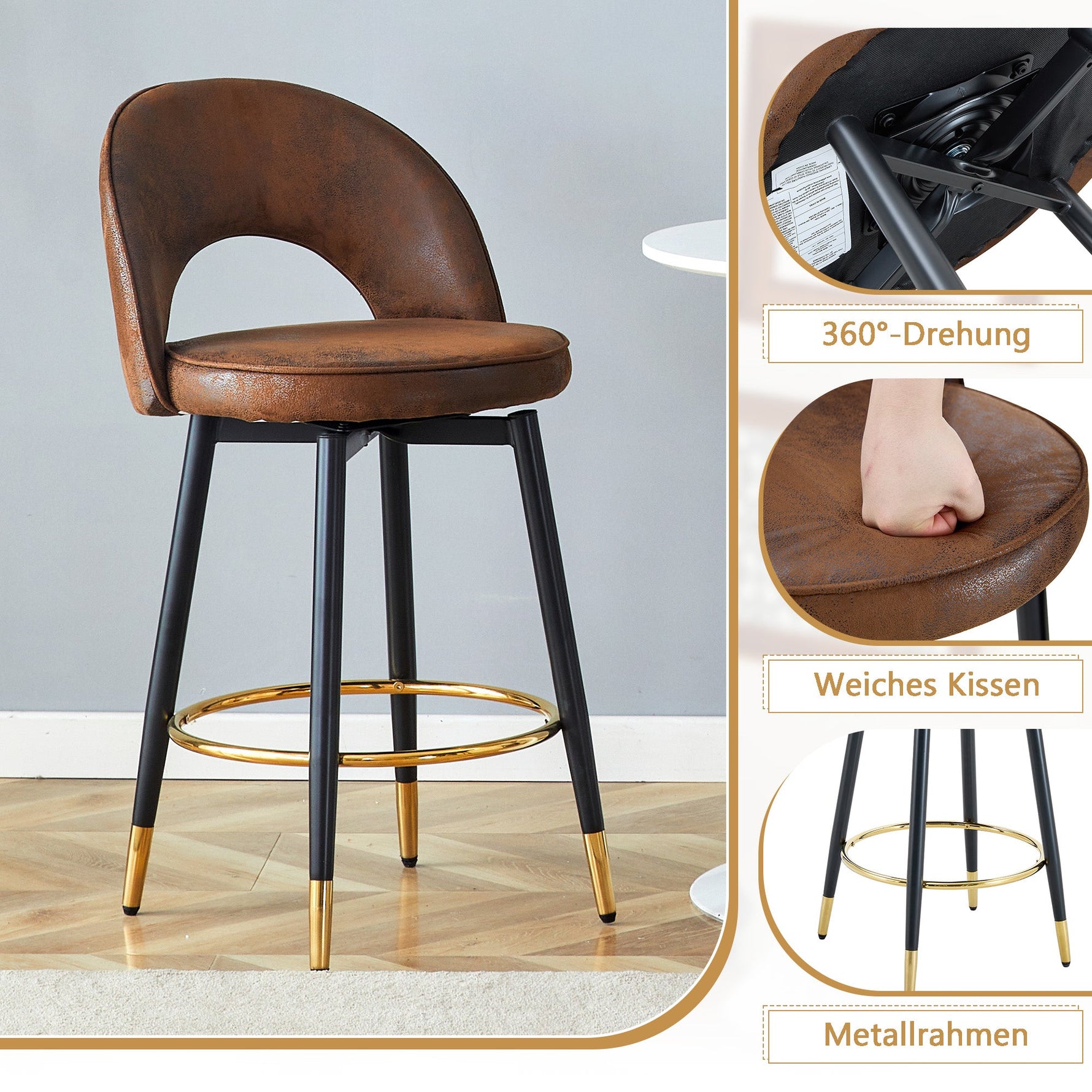 Bar Stool, 360° Swivel Padded Set of 2, Brown Technical Fabric