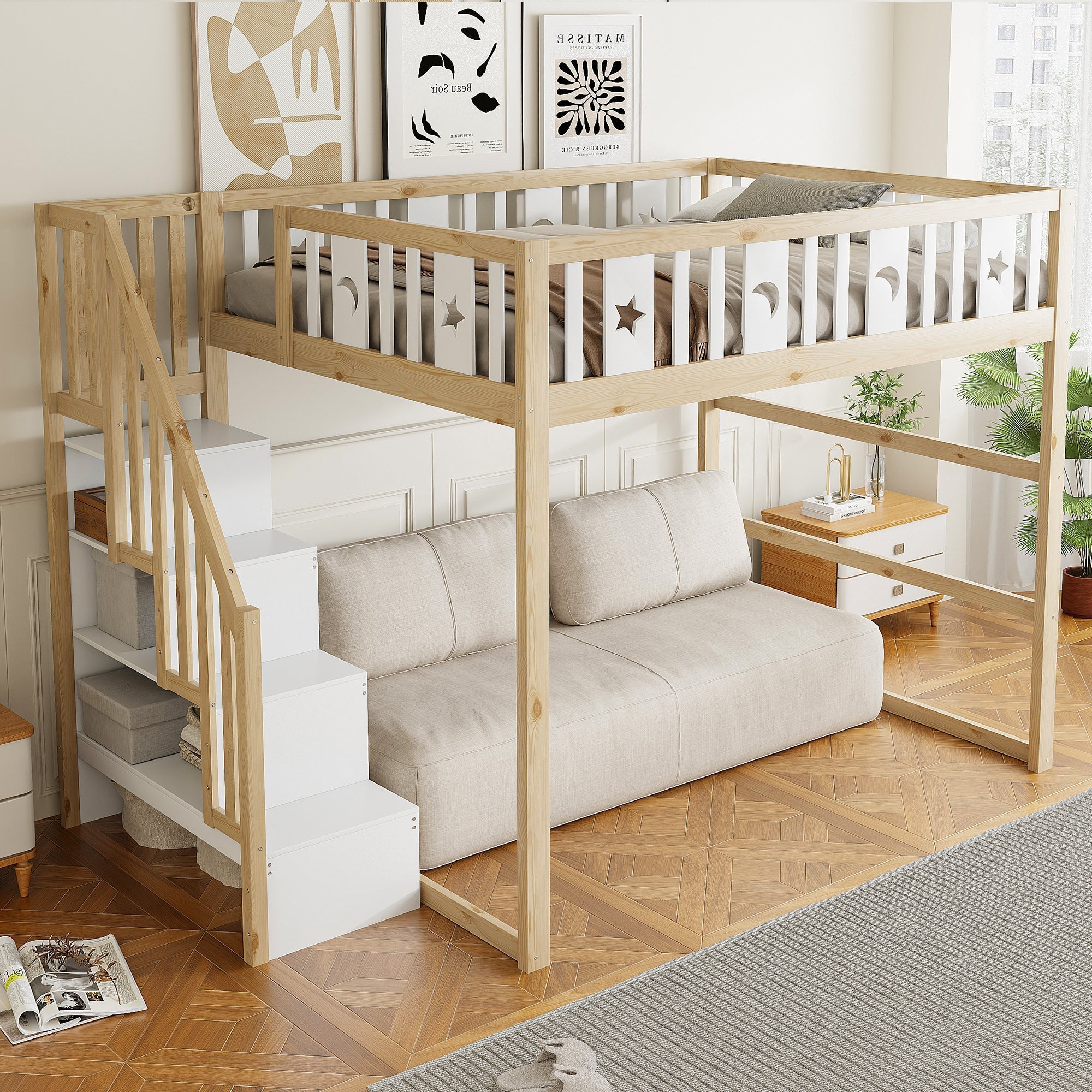 Children's Loft Bed 140x200 with Stairs Safety Railing Star & Moon Decor Solid Wood