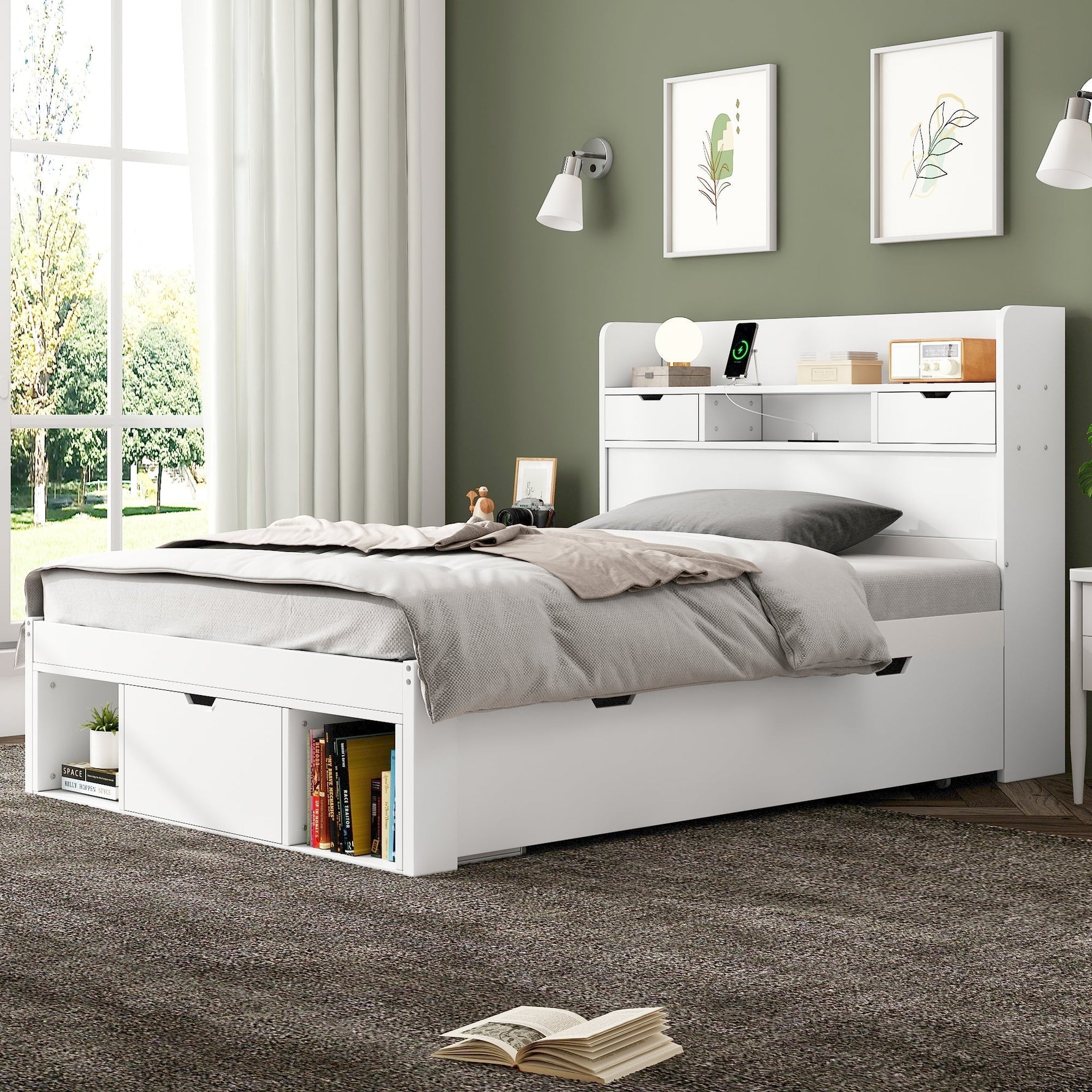 Single Bed with USB Port, Drawers and Storage Cabinet, White