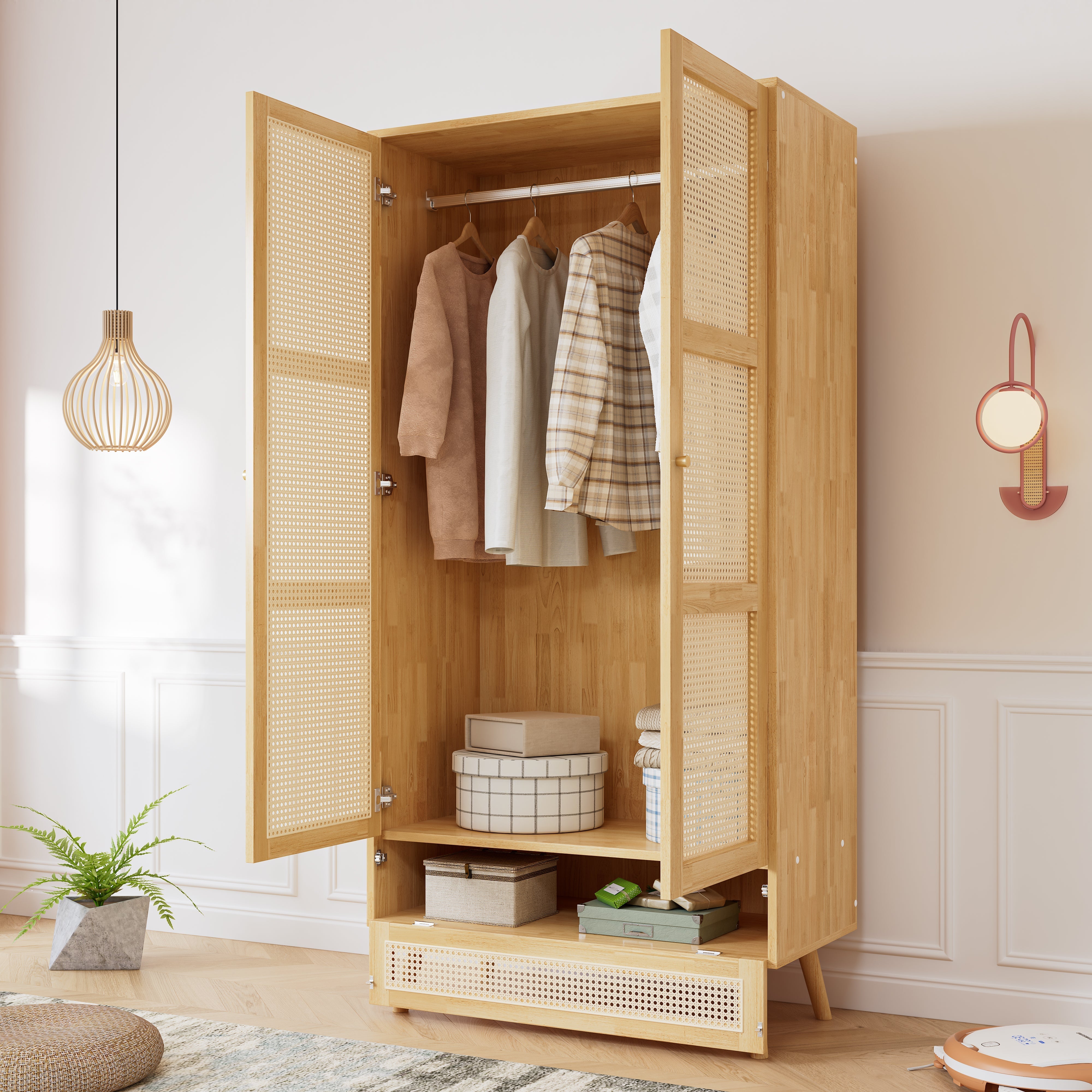 Wardrobe 2-Door Hanging Rail Rattan Net Flip-Top Lid, Natural Chipboard/PE Rattan