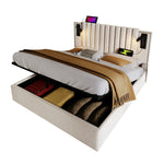 Upholstered Double Bed 180x200 with Storage, Bed Box and USB Reading Light, Beige Cotton