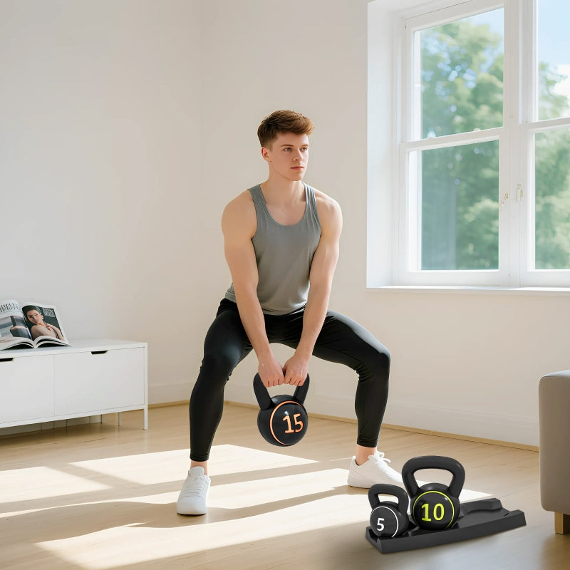 Kettlebell Set 3pc 2.2/4.5/6.8kg Weights Plastic Casing Black