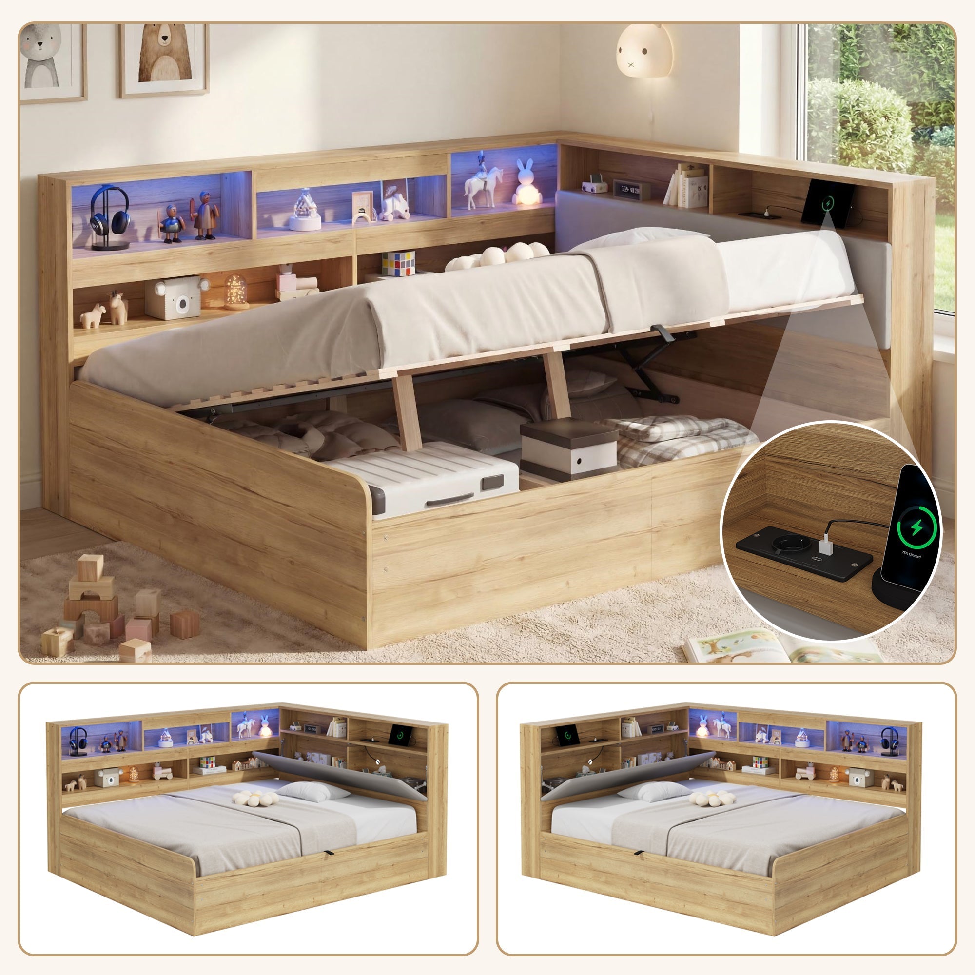 Daybed with Hydraulic Storage, USB Charging and LED Lighting, 140x200cm, Natural Wood