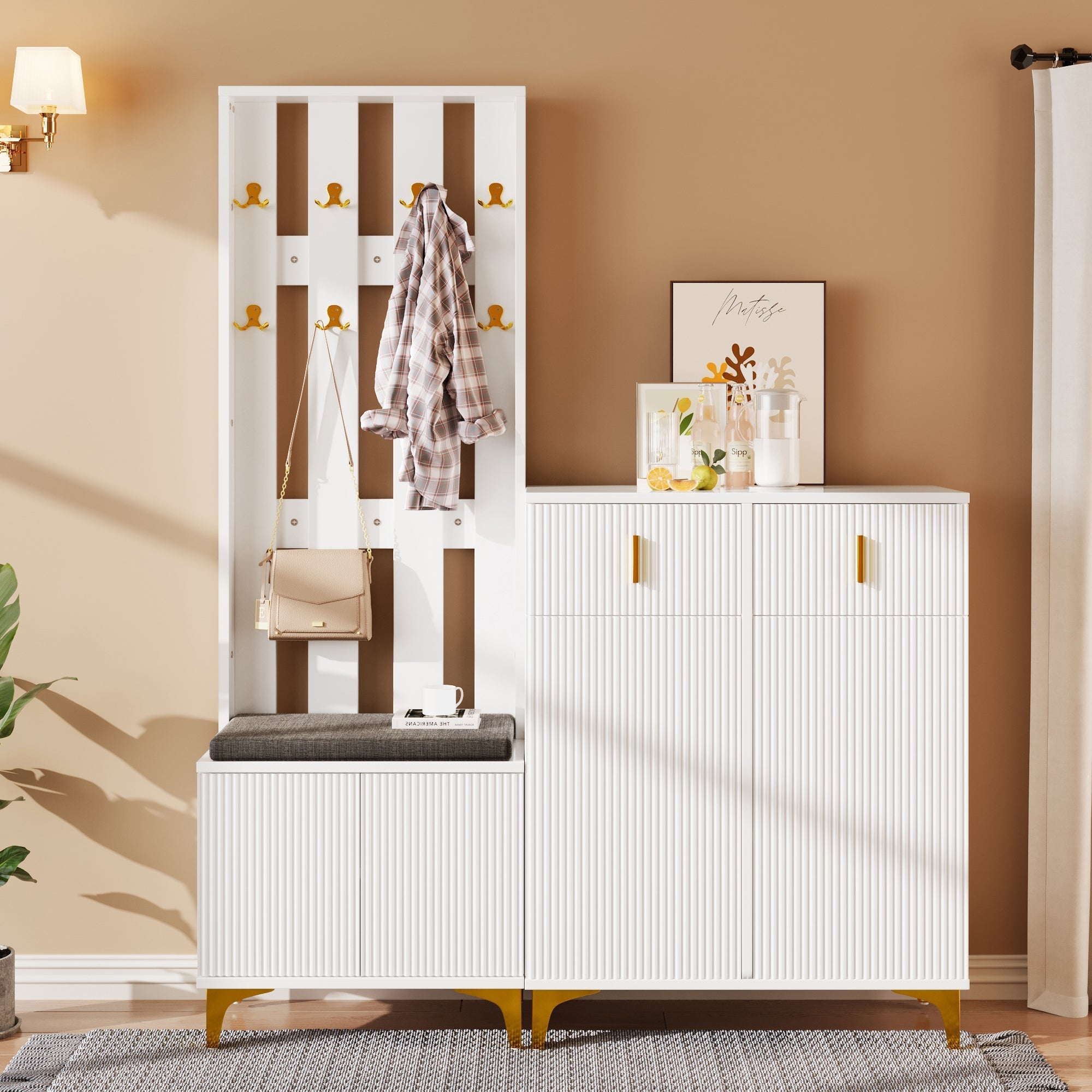 Wardrobe Set with Shoe Bench, Cushions, Hooks, Drawers, and Doors, White