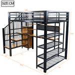 Iron Loft Bed 140x200cm with Desk, Pegboard & LED, Black
