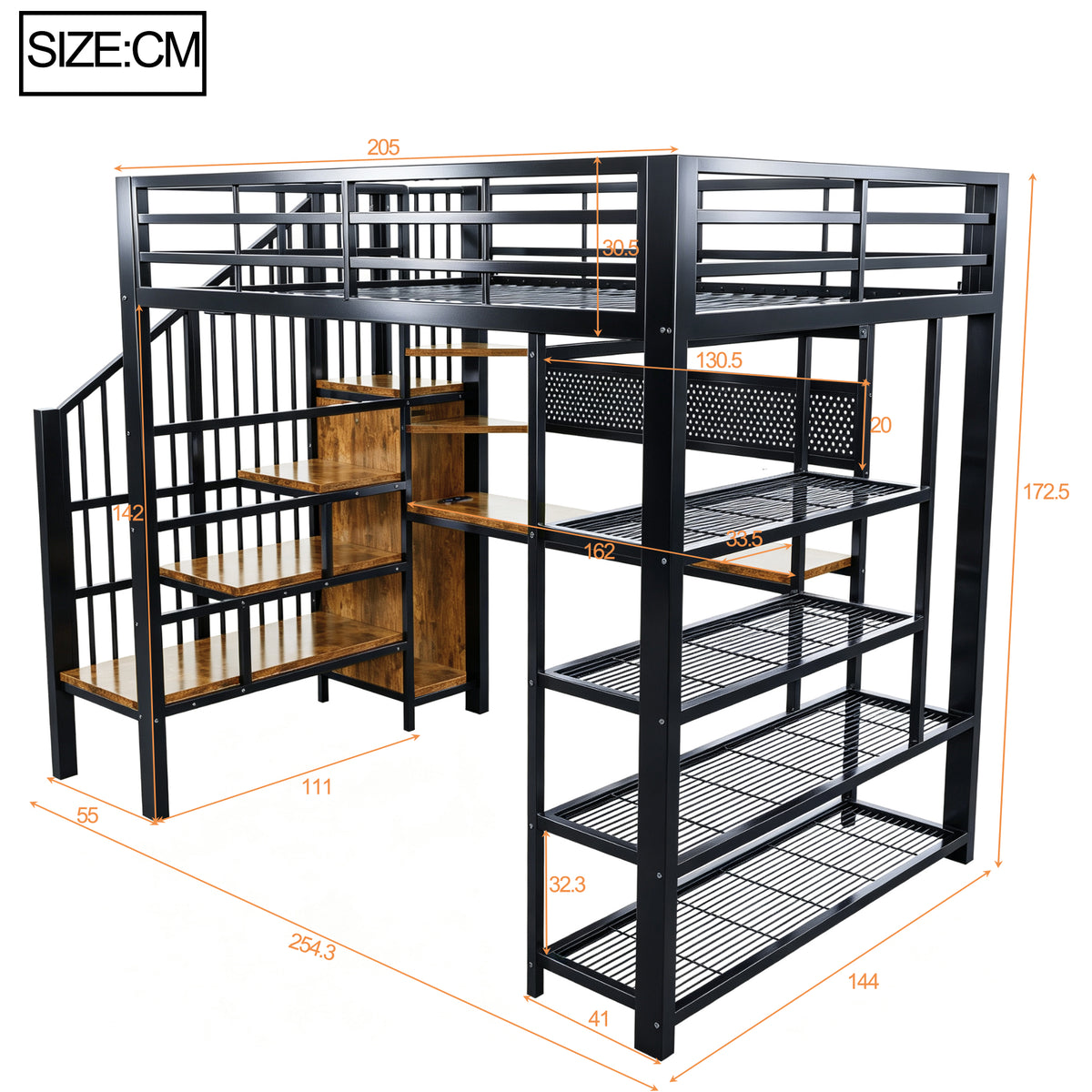 Iron Loft Bed 140x200cm with Desk, Pegboard & LED, Black