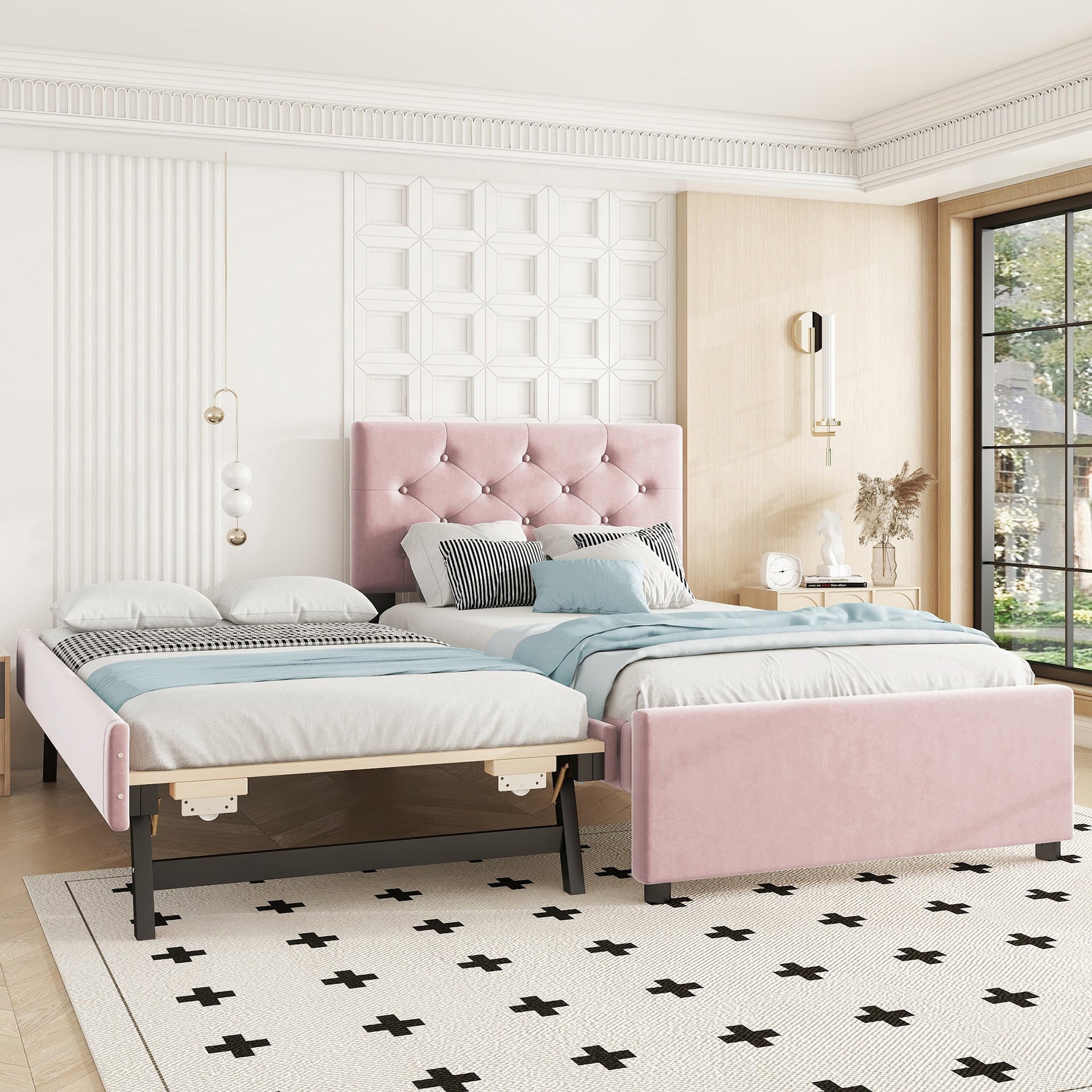 Upholstered Bed 90x200cm with Slatted Base and Rolling Storage, Pink Velvet