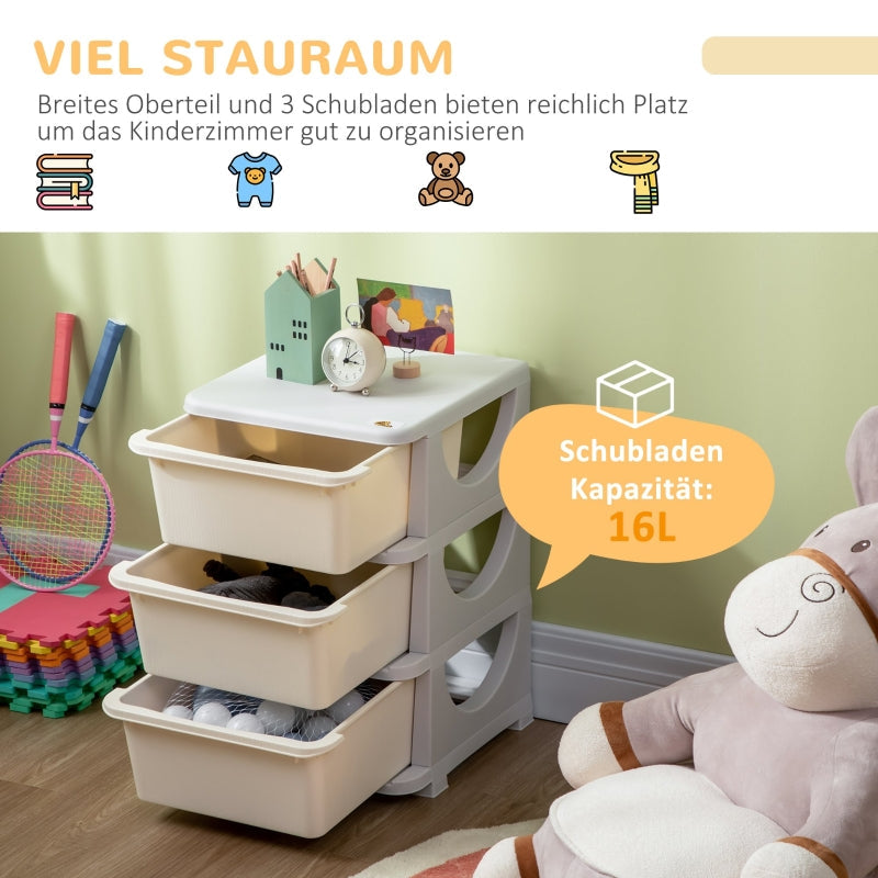 Children's Storage Boxes, 3 Large Drawers, Cream White Plastic