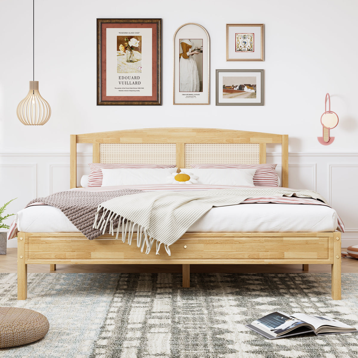 Double Rattan Bed 160x200cm, 15 Slats Pine + PE Rattan, Natural
