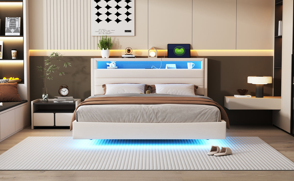 Upholstered Bed 160x200 cm with USB & LED Light, Beige Linen