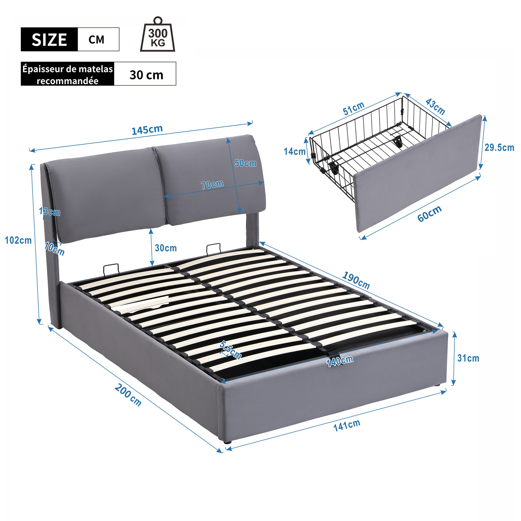 Upholstered Bed with Hydraulic Base, Three Drawers and Storage, 140x190cm, Gray Velvet