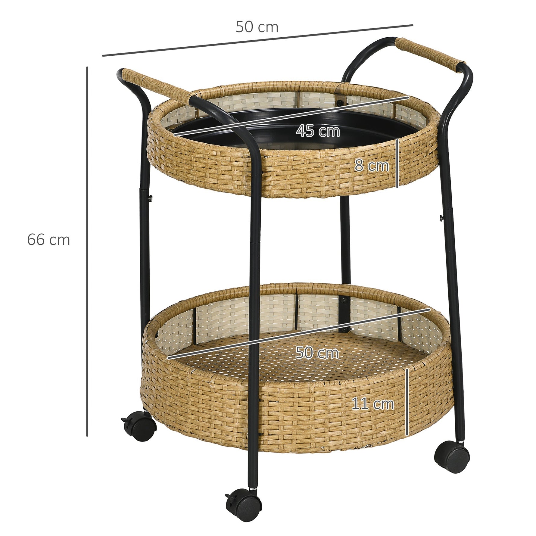 Serving Cart, 2 Shelves, Rattan, Natural