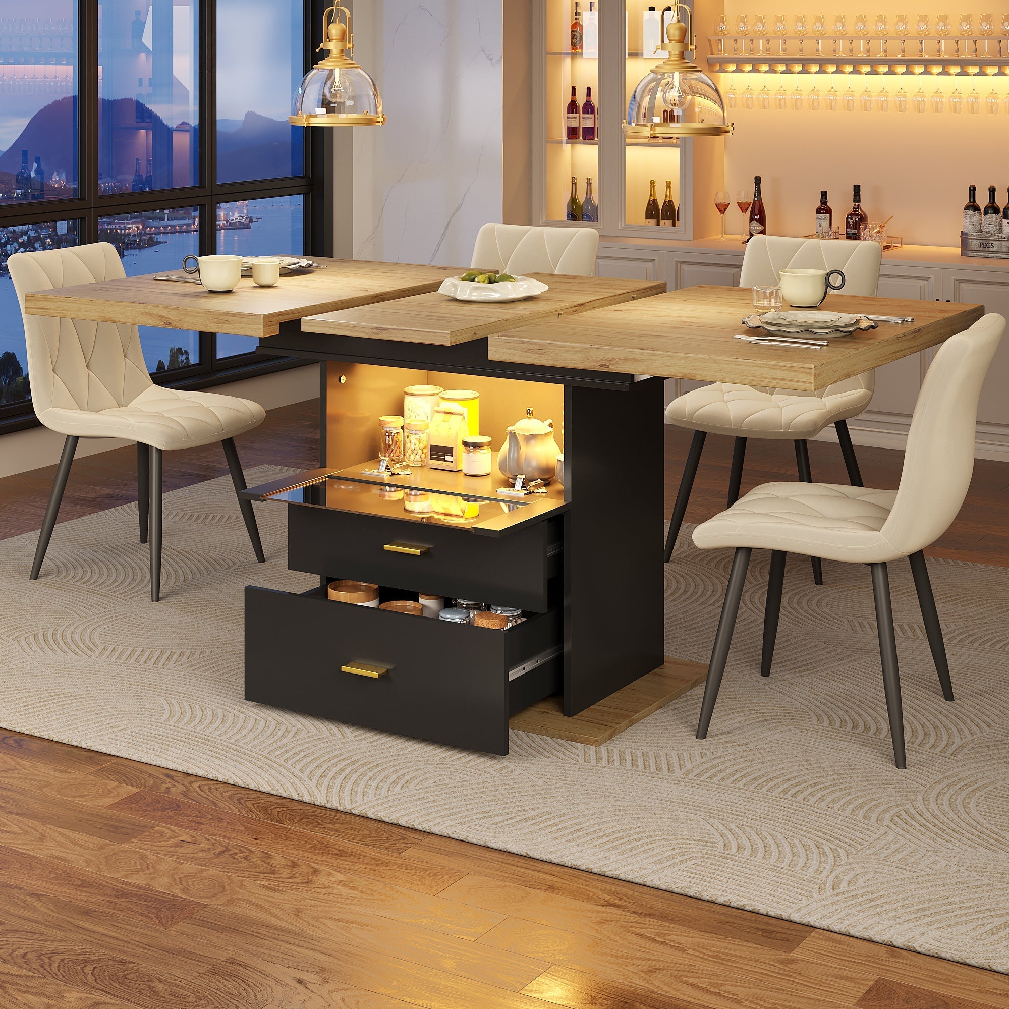 Extendable Dining Table with LED Lighting and Seating for 6 People, Wood Finish
