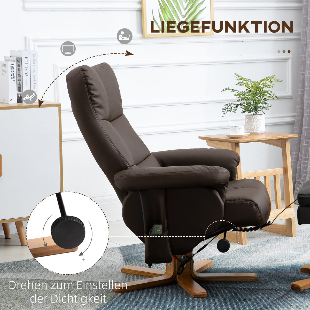 Recliner Chair, Massage TV with Footstool 145° Tilt, 10 Vibration Points, Faux Leather Brown
