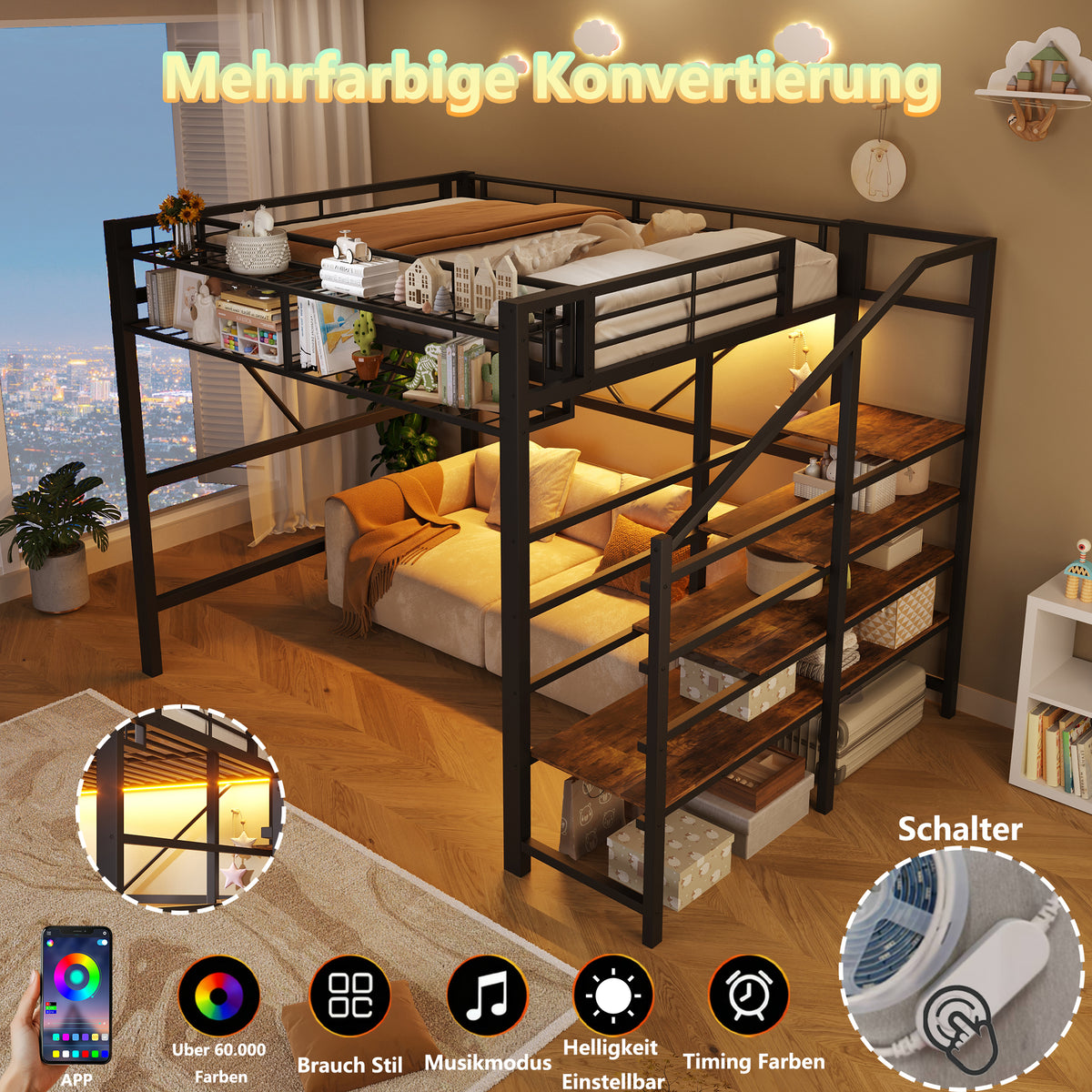 Loft Bed 140x200cm with LED Light Strip, Black Metal