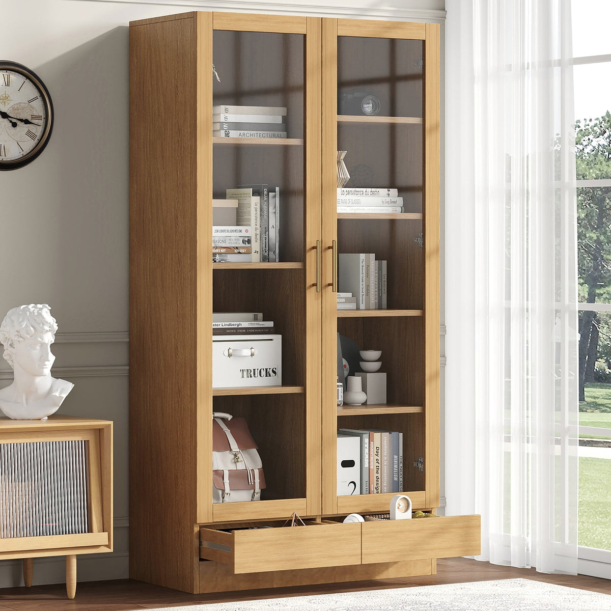 Glass Display Cabinet, Offset Shelves Push-To-Open Drawers, Wood Color