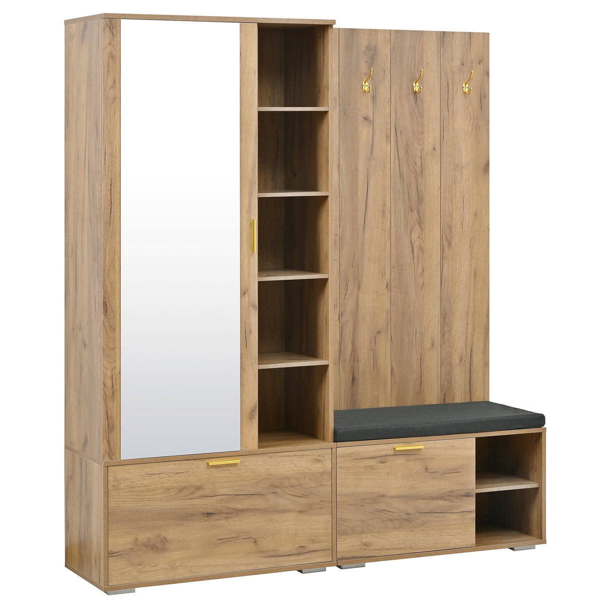 Wardrobe Set with Mirror, Shoe Bench and Coat Rack, Wood Color