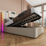Upholstered Bed, USB-C LED Single with Storage, Beige Linen