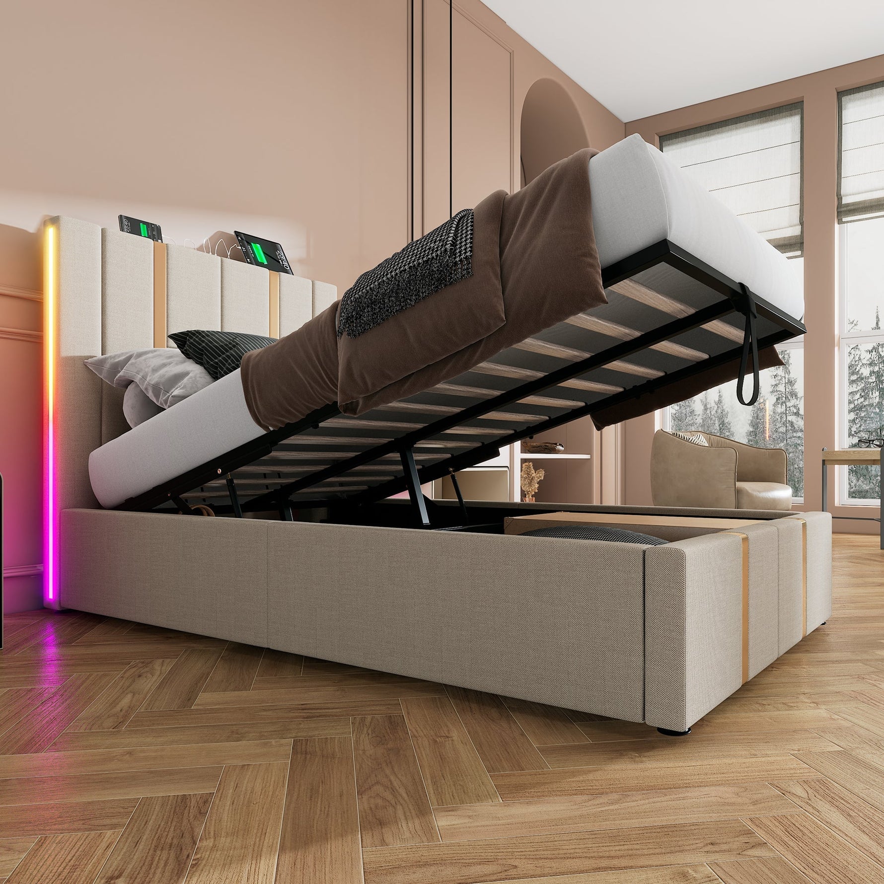 Upholstered Bed, USB-C LED Single with Storage, Beige Linen