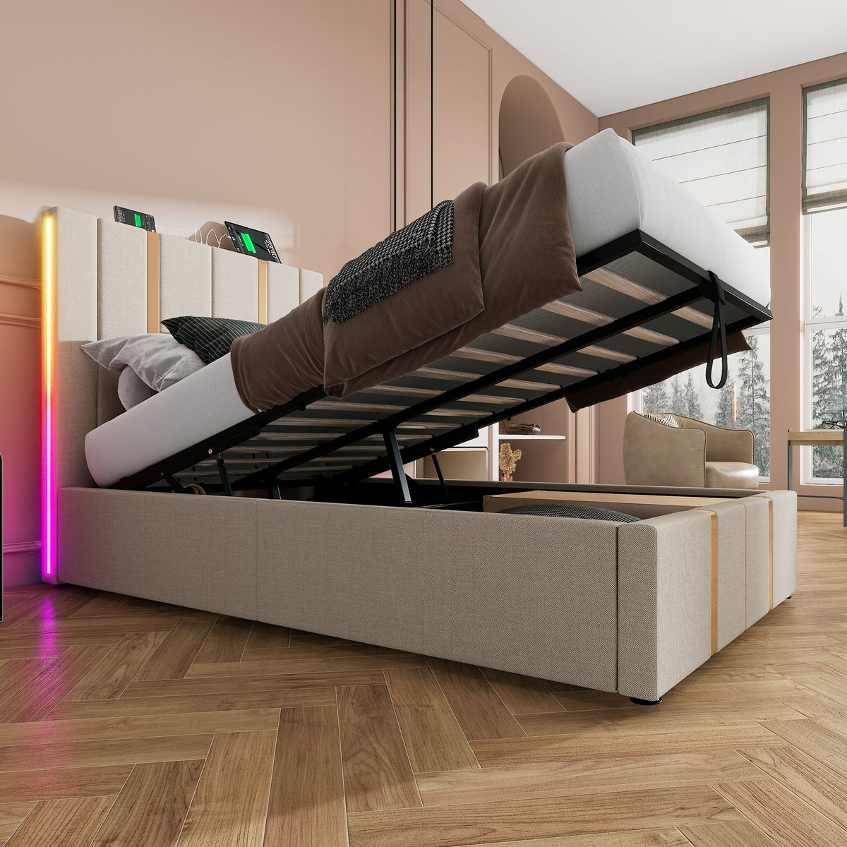 Upholstered Bed, USB C, LED, Storage, 90x200, Wood Slats, Beige Linen