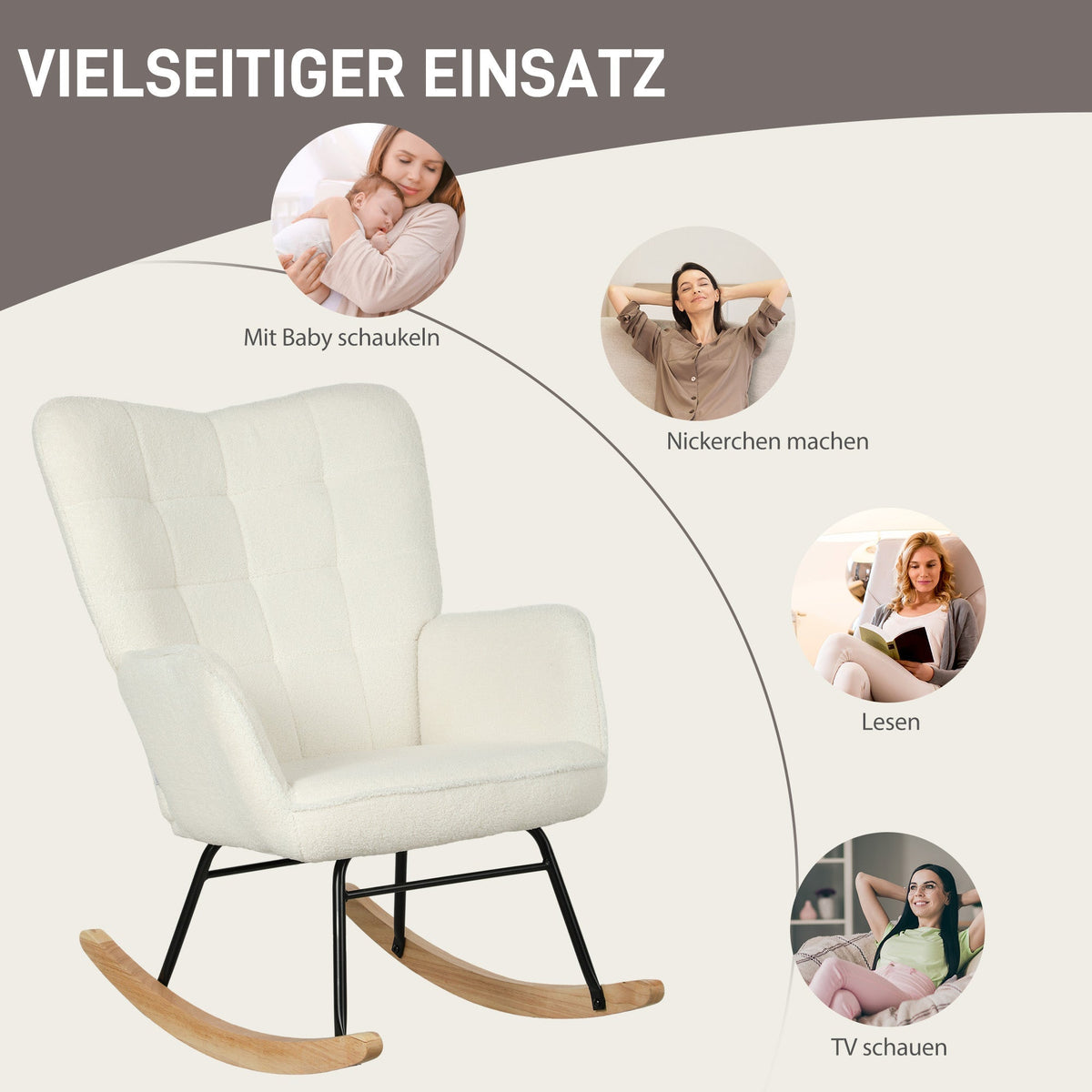 Rocking Chair, Upholstered, Wooden Base, White