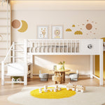 Low Loft Bed for Children with Storage Ladder and Metal Frame, 90x200cm, White