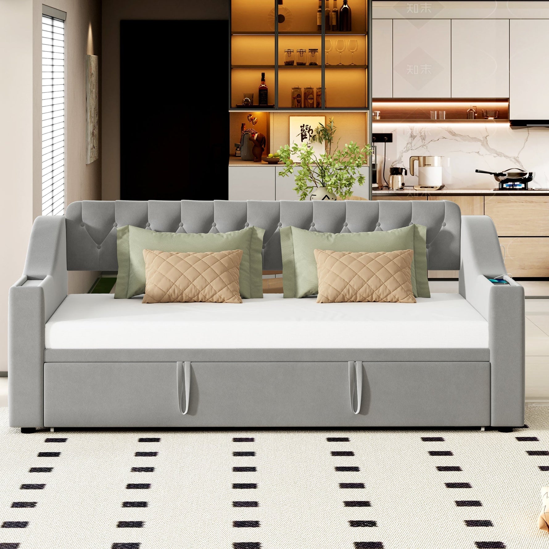Upholstered Sofa Bed with USB Charging Port, Storage, Slatted Frame, Velvet Fabric, Grey