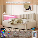 Upholstered Sofa Bed 90x200 with LED & Storage, Velvet, Beige